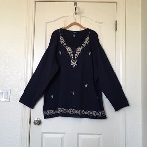 Denim & Co Woman’s 3X Blue Embroidered Long Sleeve Blouse Pullover